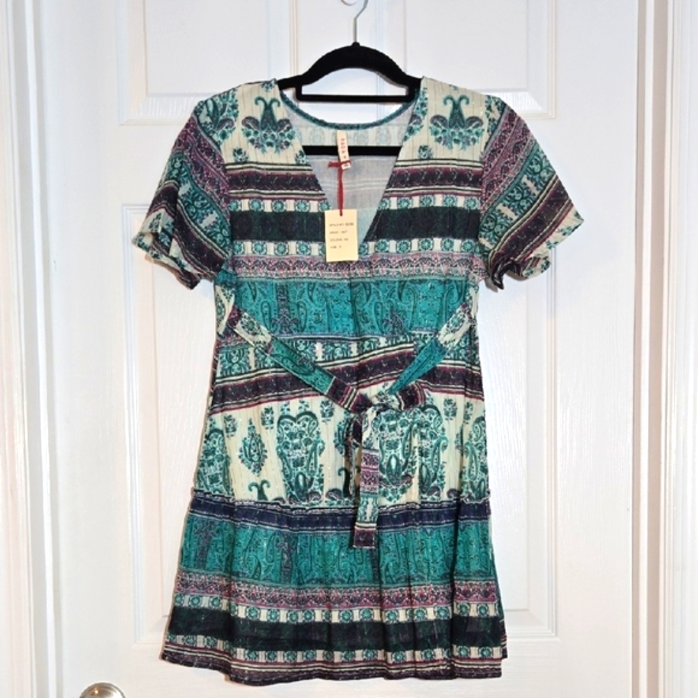 New Antropology RAGA Green Purple Patterned Gold Thread Faux Wrap Dress S